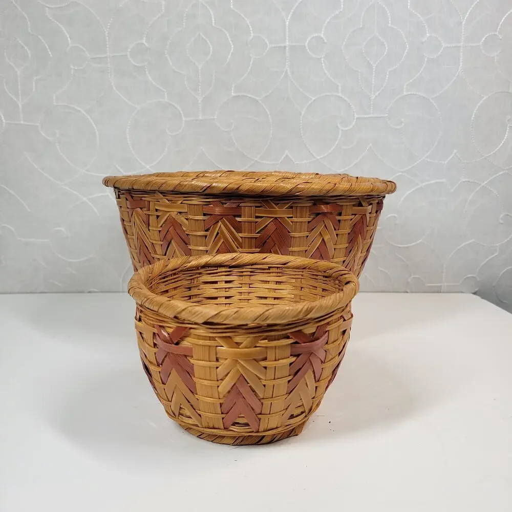 6 VTG Nesting Wicker Baskets Tan Brown Woven Chevron Boho Baskets Cottage Core